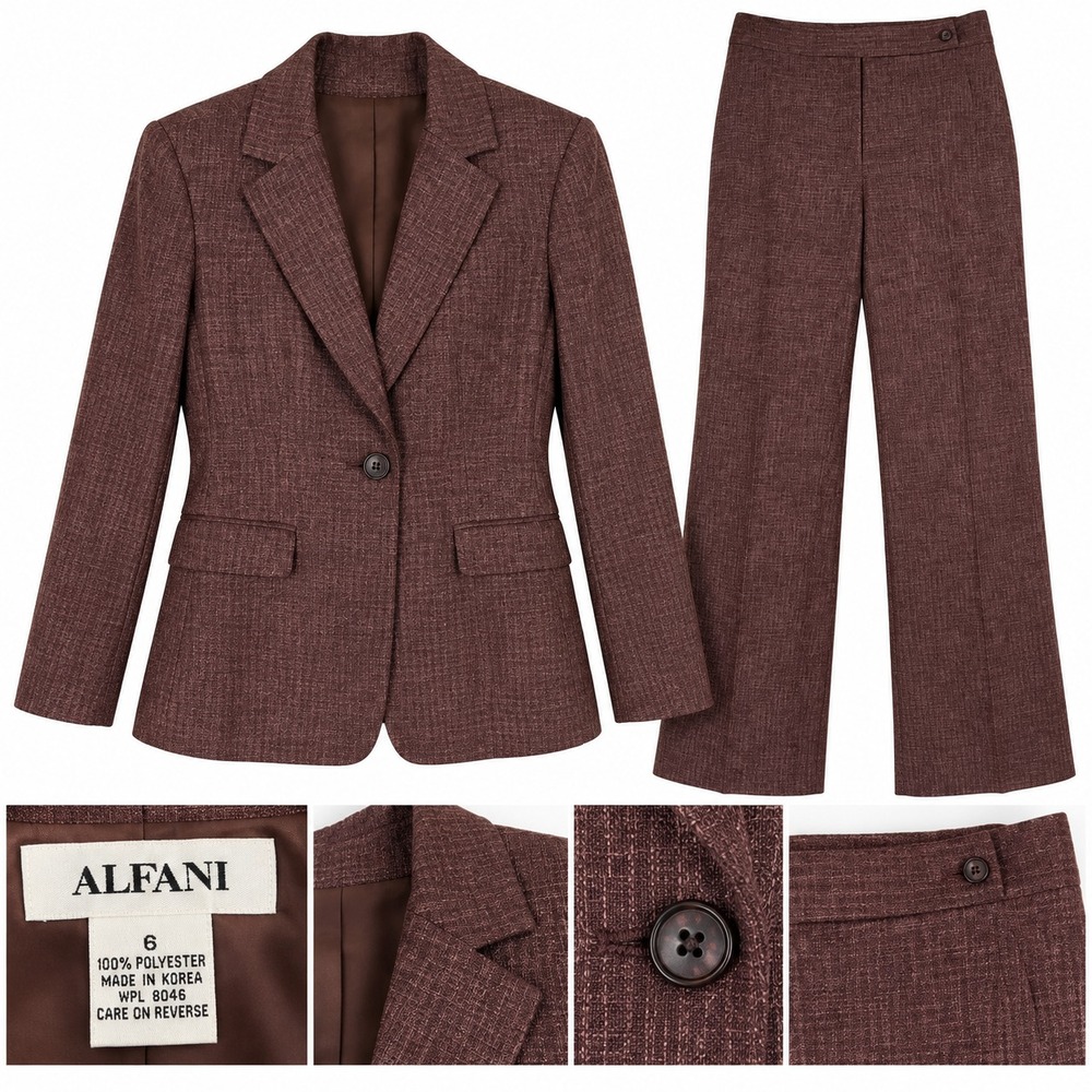 Alfani 2-Piece Blazer & Pants Set Womens 6 Brown Textured Formal Office Career